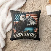 Bald Eagle Nesting Near Mountain Lake With Flags Throw Pillow