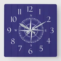 Nautical Ship Compass Navy Blue White Wood Square Wall Clock