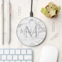 Stylish Sivler Foil Marble Monogram Wireless Charger
