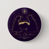 Nativity Manger Christmas Purple Gold Custom Name Button