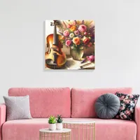 Violin, Sheet Music and a Vase of Flowers  Canvas Print