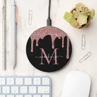 Black Rose Gold Glitter Drips Sparkle Monogram Wireless Charger