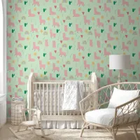 Boho Pink Llama & Rainbows Green Baby Girl Nursery Wallpaper