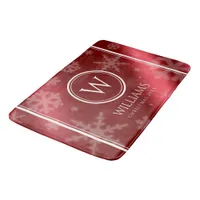 Festive Red Foil Snowflakes Monogram Name Bath Mat