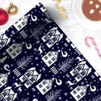 Christmas Village Navy White Vintage Holiday Wrapping Paper