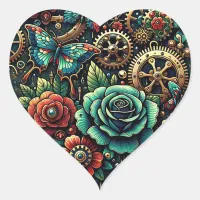 Beautiful Steampunk Themed Gears and Roses   Heart Sticker