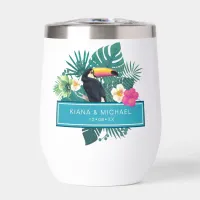 Watercolor Tropical w/Toucan Wedding Teal ID577 Thermal Wine Tumbler