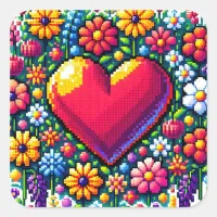 Heart in Flowers Pixel Art  Square Sticker