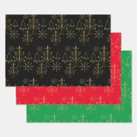 Gold Christmas Tree Bell and Snowflake Pattern Wrapping Paper Sheets