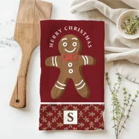 Gingerbread Man Red Monogram Merry Christmas Kitchen Towel