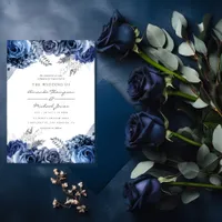 Navy and White with Silver Foil Floral Wedding Invitation