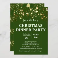 Christmas Dinner Party Gold Stars Trees Green Invitation