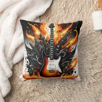 Guitar ignited by vibrant flames in dynamic art throw pillow