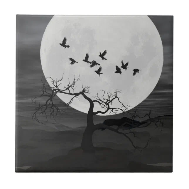 Spooky Ravens Flying Against the Full Moon Tile