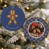 Gingerbread Man Navy Polka Dot Christmas Photo Ceramic Ornament