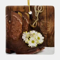 Cowboy Boots, Daisies Horse Bit Country Wedding Ceramic Ornament