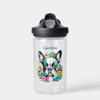 Boston Terrier surrounded by Flowers Personalized Water Bottle