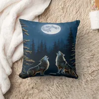 Howling Wolves Under a Full Moon at Night Throw Pillow