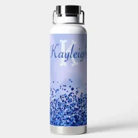 Simple Blue Brushed Metal and Glitter Monogram | Water Bottle