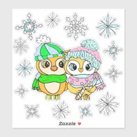 Whimsical Owls Couple and Snowflakes Sticker