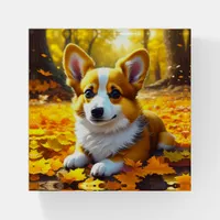 Corgi Puppy Dog Playing in Fall Leaves Paperweight