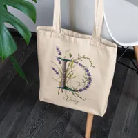 Botanical Lavender 'B' Monogram Custom Name Tote Bag