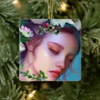 Pretty Fairy Flowers in Hair Fantasy Art Christmas Ceramic Ornament