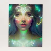 Glowing Green Stars Goddess of Light Fantasy Art Jigsaw Puzzle