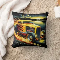 Hot rod racing by the river at sunset throw pillow