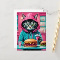 Cute Cat in the Diner With a Cheeseburger Feast Postcard