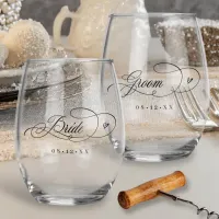 Ornate Calligraphy Hearts Bride Groom Black ID1025 Stemless Wine Glass