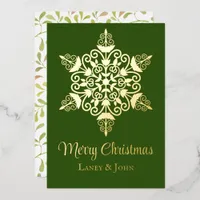 Elegant Lacy Snowflake on Green Foil Holiday Card