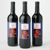 50 & Fabulous Photo Name Red 50th Birthday Blue Wine Label