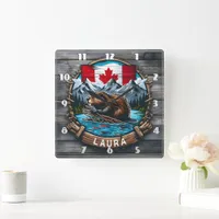 Canadian Beaver With Flag and Mountains at Sunset Square Wall Clock