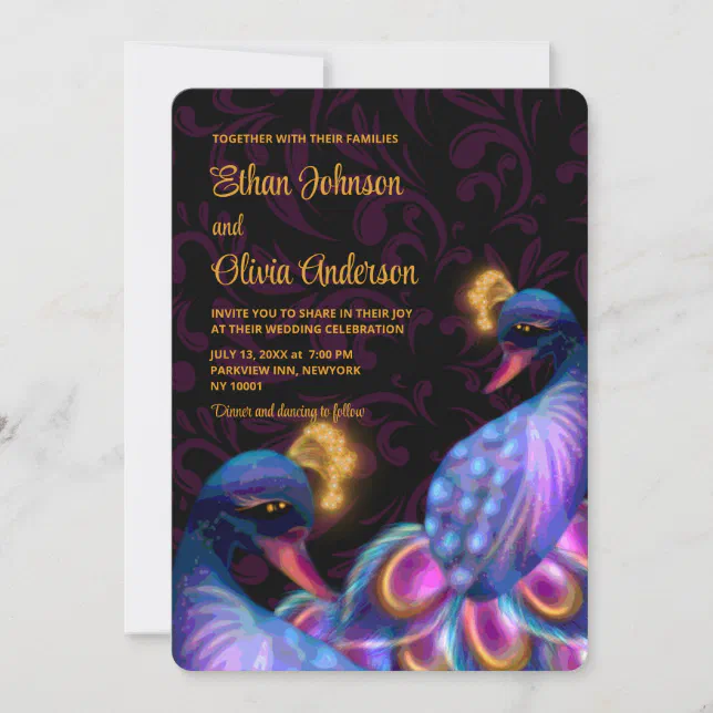 Peacock Jewel Tones Wedding Floral Moody purple Invitation