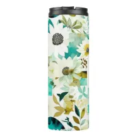 Pretty Folk Art White and Turquoise Flowers   Thermal Tumbler