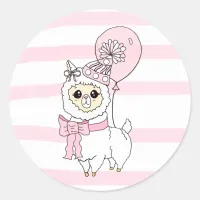 Pink Birthday Llama with Balloon Classic Round Sticker