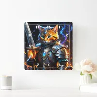 Adventurous Cat Knight Holding a Sword Square Wall Clock