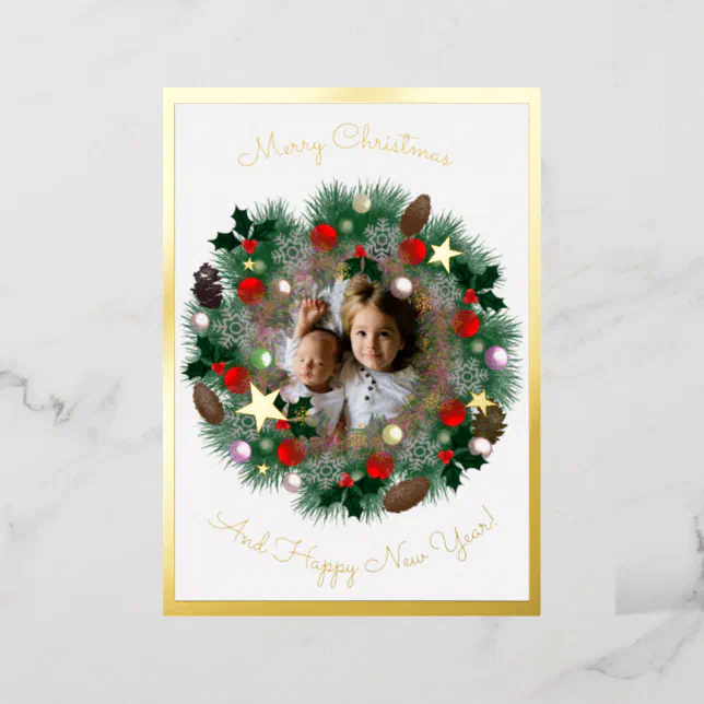 Christmas and New Year greetings, photo in a crown Foil Holiday Card