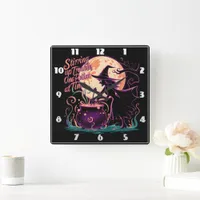 Witch brewing potions under a full moon square wall clock