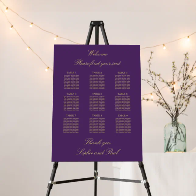 Purple Golden Beige 9 Table Seating Chart Foam Board