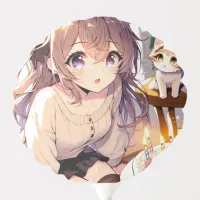 Pretty Anime Girl with Kitten and Birthday Cake Balloon