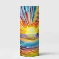 Pretty Colorful Sunset over the Water Watercolor Pillar Candle