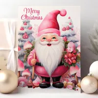 Merry Christmas Pink Gnome Whimsical  Holiday Card