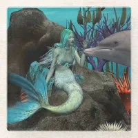 Mermaid and Dolphin Under the Sea Glass Coaster