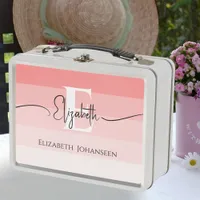 Girly Blush Pink Stripes Monogram Script Name Chic Metal Lunch Box