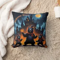 Halloween bears celebrate at a haunted castle throw pillow