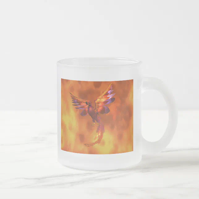 Colorful Phoenix Flying Against a Fiery Background Frosted Glass Coffee Mug