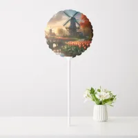 Windmill in Dutch Countryside by River with Tulips Balloon