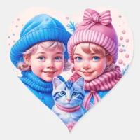 Vintage Kids with Blue and Pink Kittens Christmas Heart Sticker